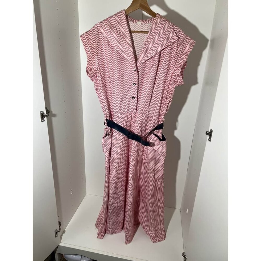 Murray Classics 70s 80s Burgundy Wave Print Midi Dress Belted Pockets Vintage